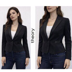 Theory Barker W Elite Wool Satin Trim Tailored Blazer Black Size 2